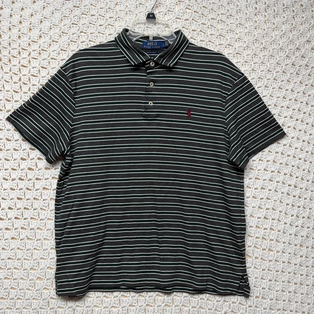 Polo Ralph Lauren Polo Shirt Mens L Gray Green Striped Custom Slim Fit